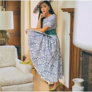 Coco Shop Blue & White Floral Print Midi Dress with Green Banded Waist, Size Med